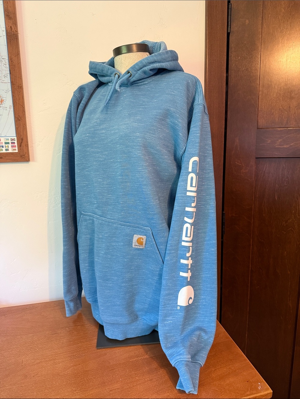 Carhartt Men's Heathered Sky Blue Hooded Crewneck Sweatshirt with Sleeve Logo